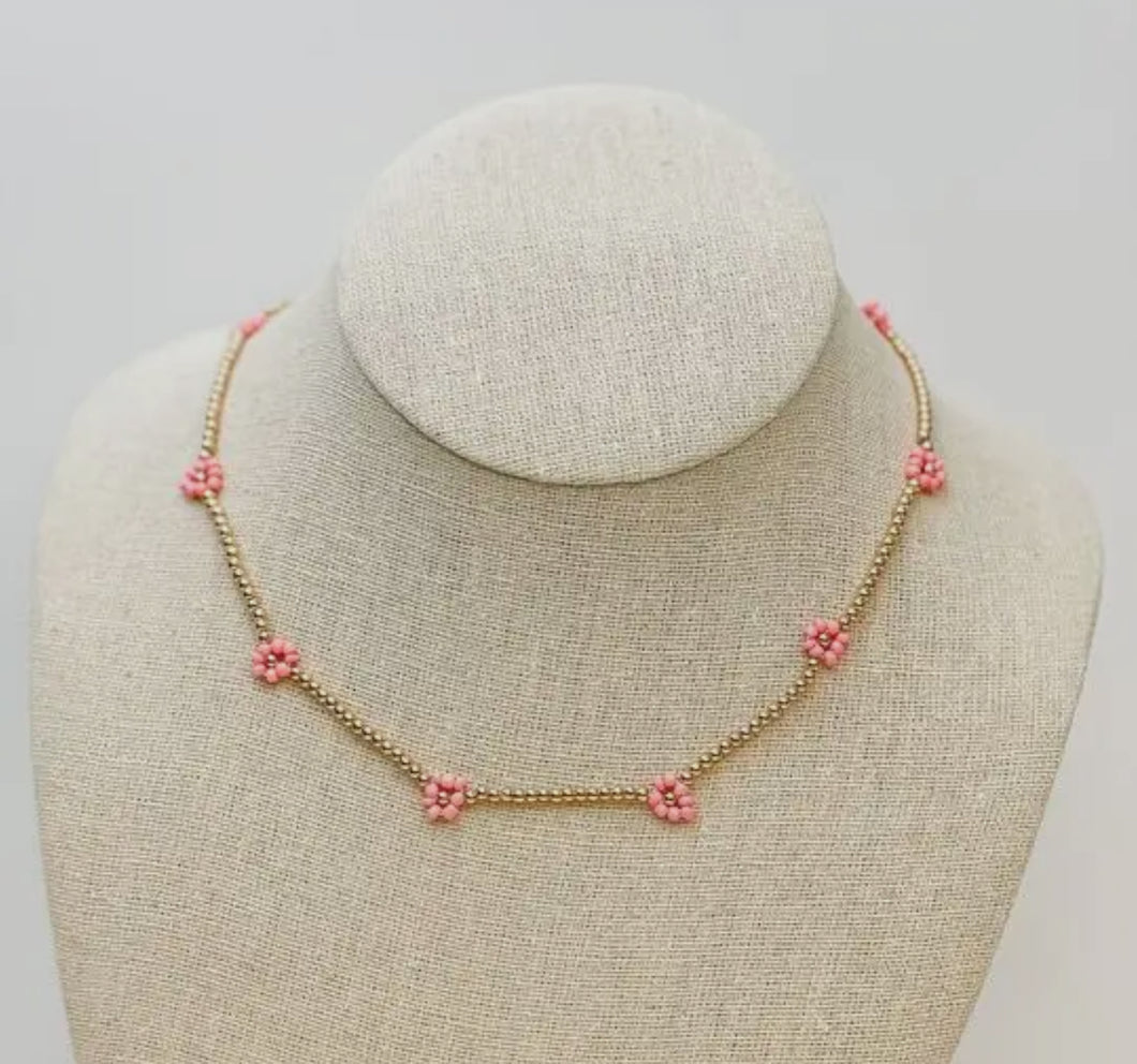 Pink Flower Beaded Necklace