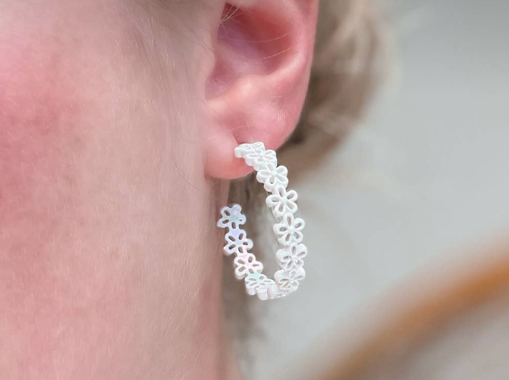 White Hoop Flower Earrings