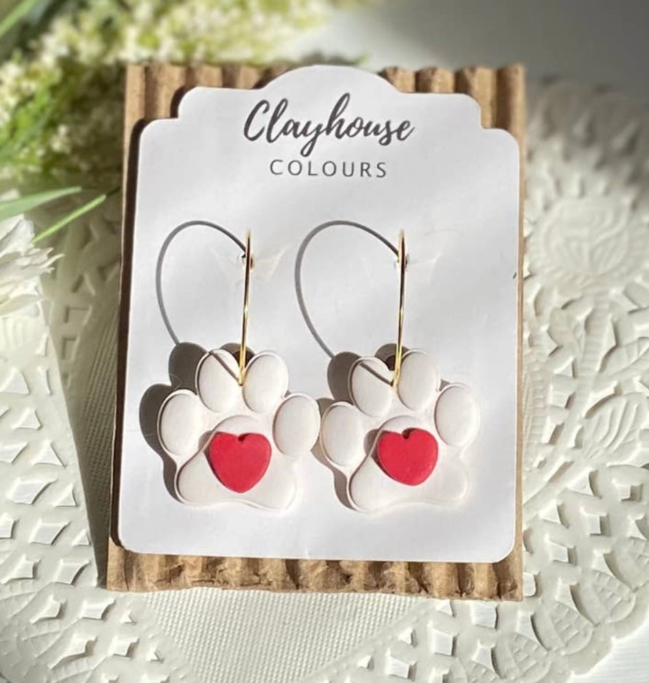 Dangle Heart Paw Clay Earrings