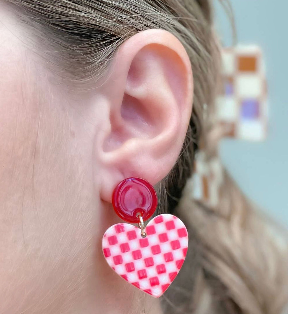 Red Checkered Heart Earrings